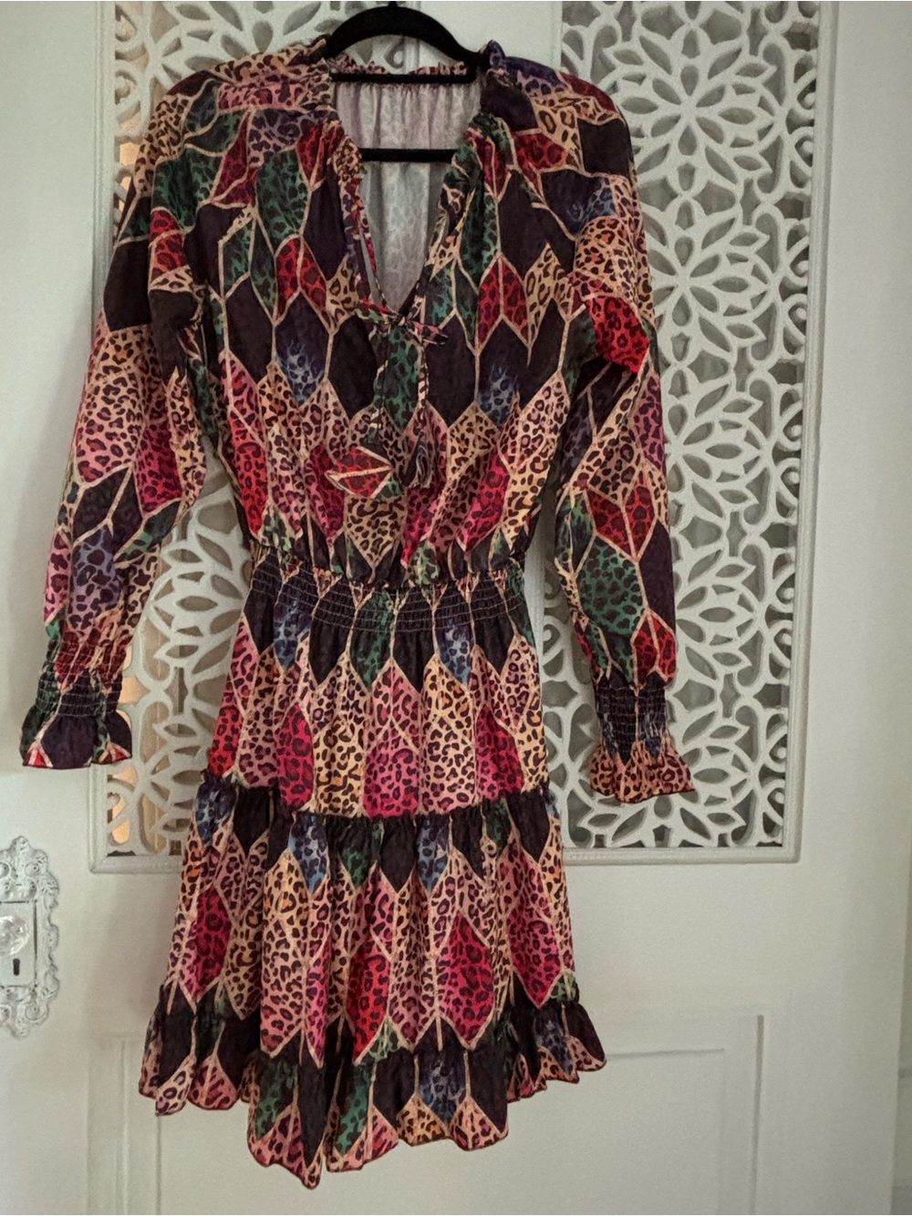 Multi-Color Leopard Print Tiered Long-Sleeve Dress